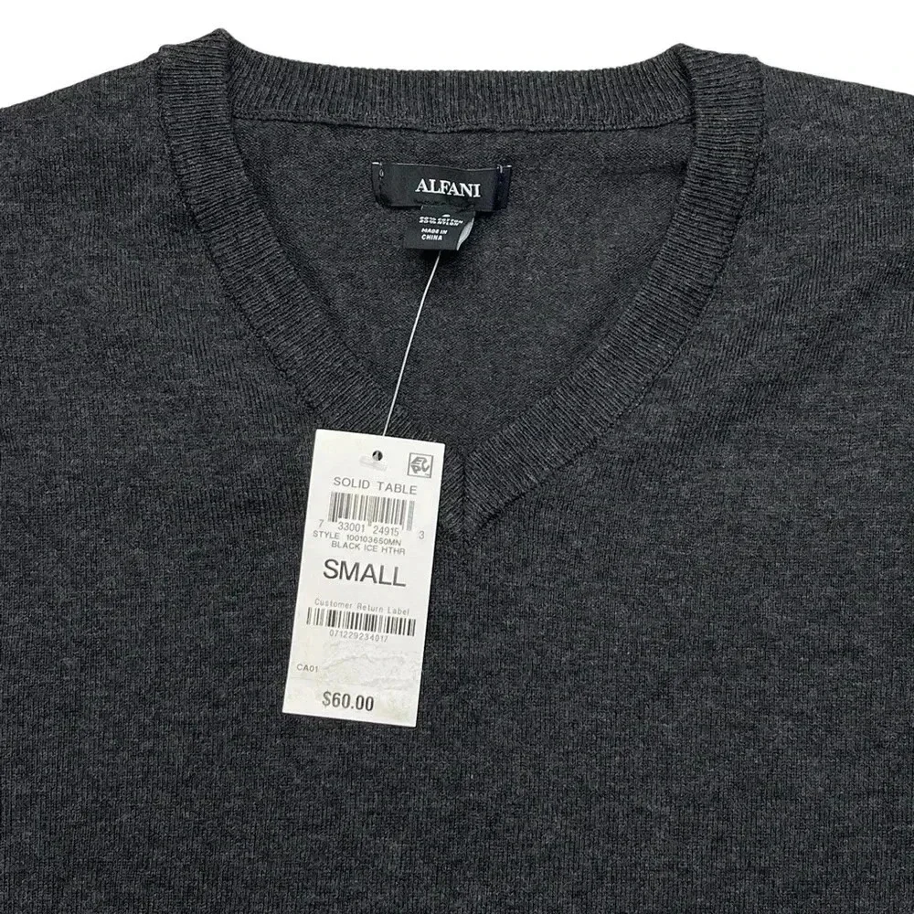 Alfani Solid Table Cotton Blend Dark Grey V-Neck Classic Fit Mens Sweater - Picture 4 of 10